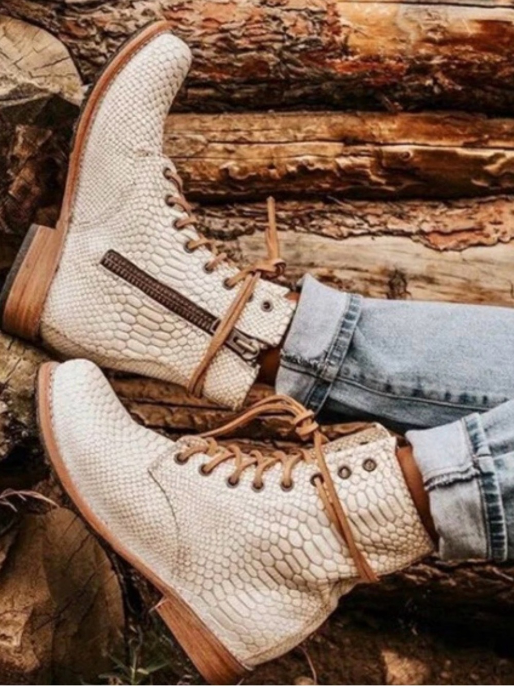 Freebird Manchester Combat Boots Snakeskin Embossed Leather Ivory